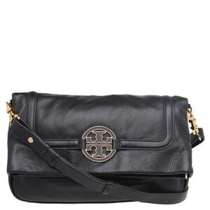 Tory Burch Black Leather Amanda Foldover Black Pebble Leather Crossbody EUC